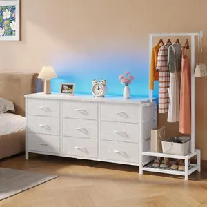 [All-in-One Design]RaybeeFurniture 9 Drawer Dresser with Hanging Rack & LED Lights, Reversible Clothes Garment Rack, Closet Organizer with 2-Tier Shoe Shelves, Fabric Storage Tower, Storgae Organizer Unit for Bedroom Entryway, Space Saving, Easy Assembly