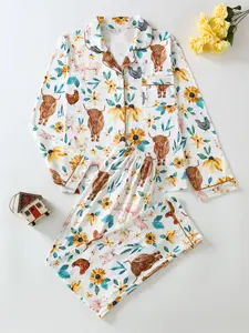 Women's Leopard Print Button Front Pocket Shirt & Pants Pyjama Two-piece Set, Elegant Comfy Long Sleeve Top & Trousers PJ Set, Ladies Sleepwear for All Seasons