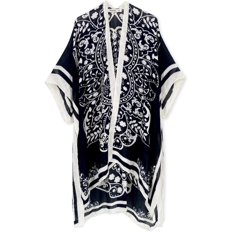 Black and White Kimono Cardigan for Women Lightweight Flowing Open Front Cover Up with Boho Ethnic Print Chic Monochrome Style Ideal for Summer Beach Vacation Cruise Pool Resort Travel Daily Layer for Sun Protection or Casual Outfits