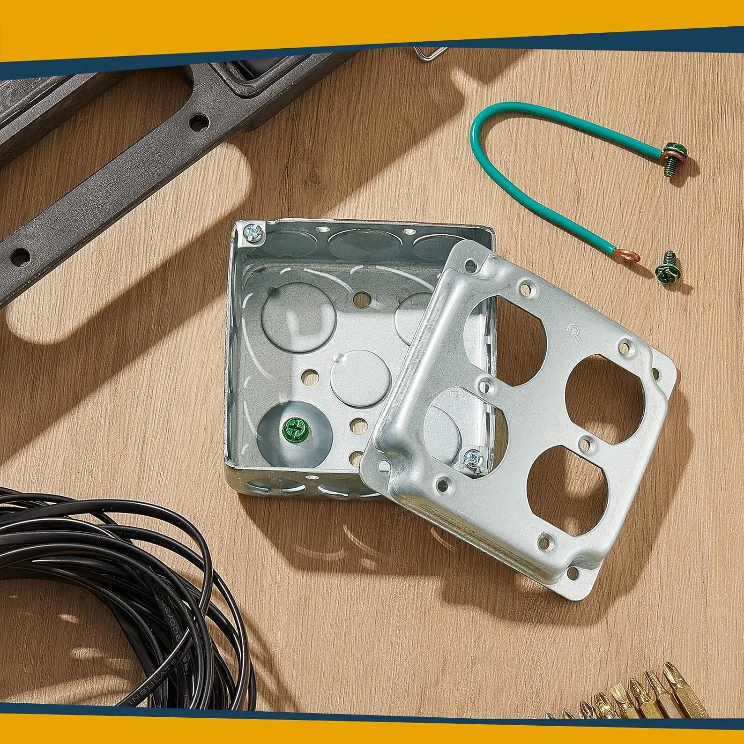 4-Pack 4x4 Inches Galvanized Steel Electrical Junction Boxes, Metal Outlet Boxes with Exposed Work Covers, Grounding Wires, 16x Screws, 1/2'' Knockouts, 2 Duplex Receptacles for Home Renovations, Large Installations