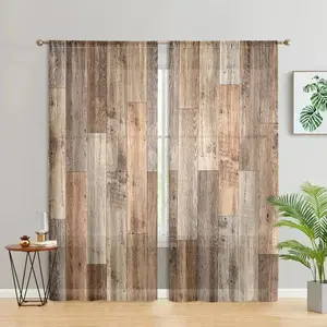 Wood Grain Pattern Curtain, 2 Counts/set Retro Rustic Style Curtain, Window Cover for Home Living Room Bedroom Study Room Office Decoration