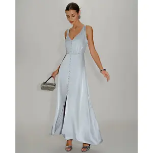 RIHOAS Women's Solid Grey Polyester Fabric Waisted Sleeveless Button A-Line Casual Maxi Dress for Women, Party & Casual Wear