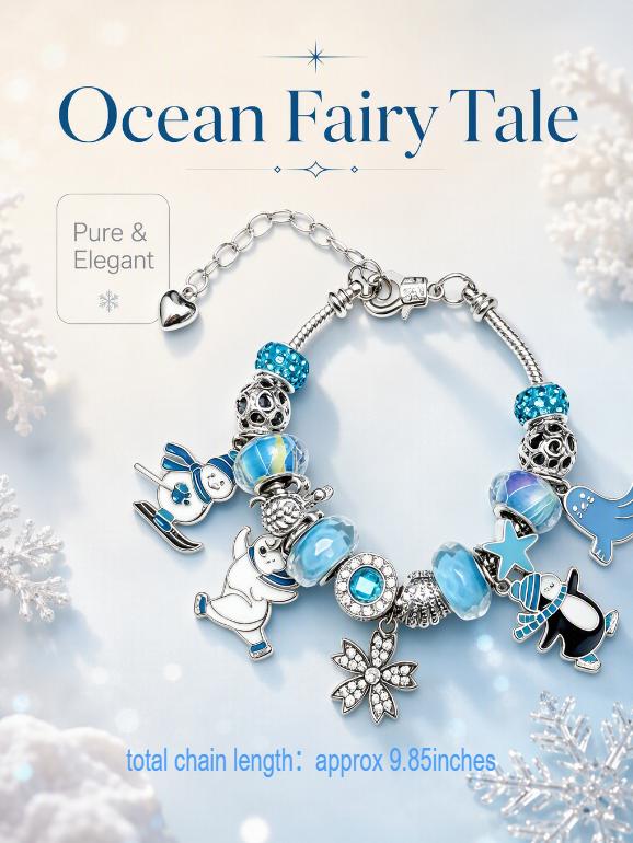Silver Winter Ocean Charm Bracelet, Enamel Penguin Seal Snowman Snowflake Beaded Snake Chain Bracelet, Cute Animal Crystal Charm Jewelry Gift for Women