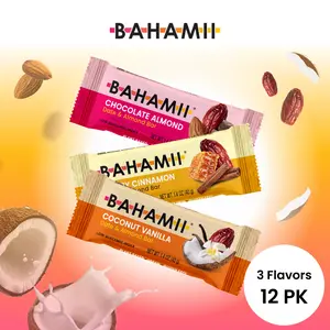 12-Pack Variety Pack: All 3 Flavors Chocolate Almond, Coconut Vanilla, Honey Cinnamon Snack BAHAMII