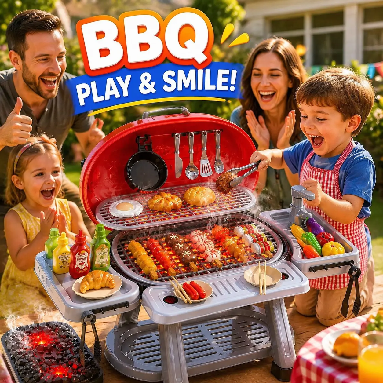 Kids BBQ Grill Toy Set Pretend Play Barbecue Grill Cooking Toy with Lights and Sound Interactive Outdoor Kitchen Playset Backyard Summer Role Play Educational Toy for Boys Girls Ages 3 to 8 Gift for Kids Family Outdoor Fun Pretend Kitchen Toys Summer Gift