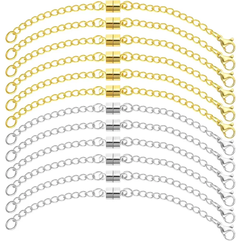 12pcs Unisex Modern Metal Jewellery Chain Extenders - Gold & Silver Chains, Sturdy Magnetic Clasps, Adjustable Lobster Clasp Closures for Necklaces