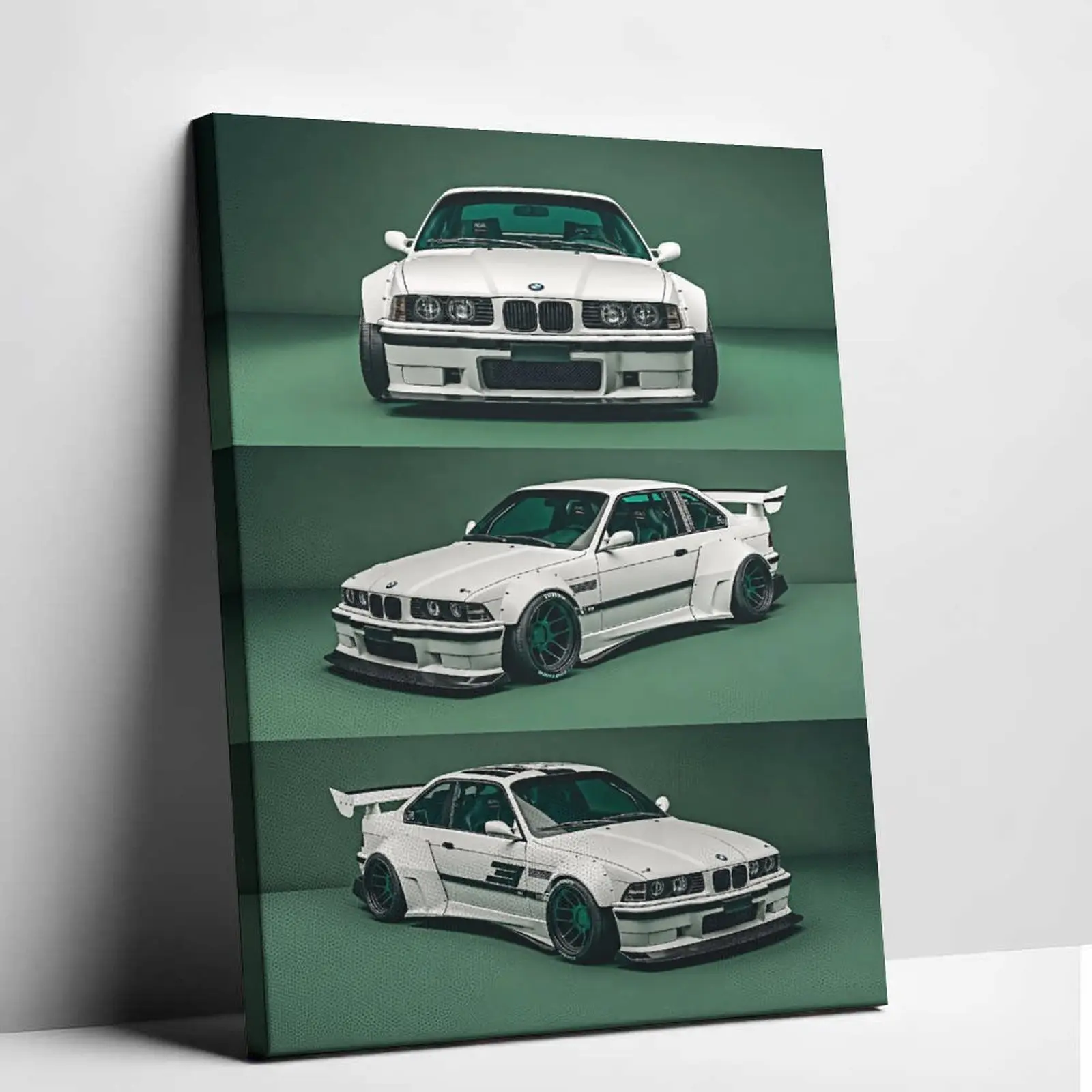 Classic E36 M3 Sports Car Poster Canvas Painting Vintage Retro White Widebody Car Graphic Print Garage Scene Canvas Wall Art Decor Modern Vehicle Artworks for Men Bedroom Apartment Decoration