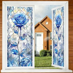 45X100cm Static Cling Glass Sticker Blue Rose Stained Glass Window Decal No Glue Removable Decorative Film for Living Room Dining Room Translucent Non Adhesive Reusable Home Renovation Decoration Church Flower