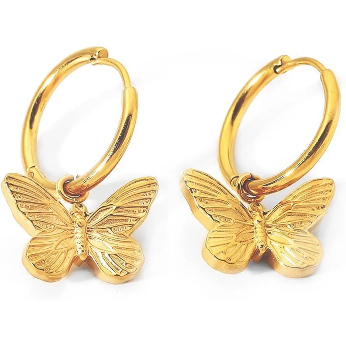 Gold Stainless Steel Butterfly Hoop Earrings