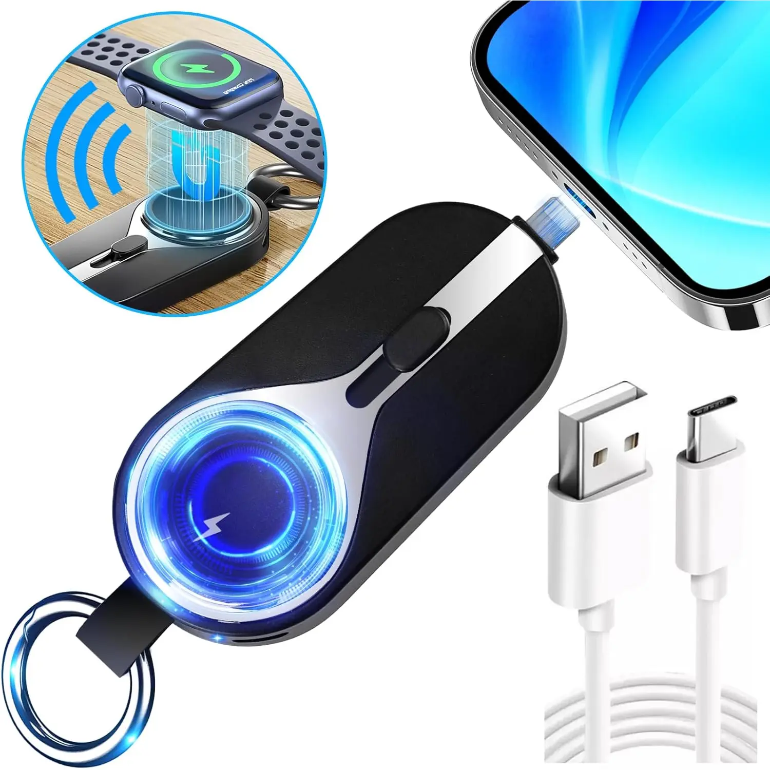 Mini Portable Charger for  Watch, Magnetic iWatch Charger 2000mAh Power Bank Upgraded 3 IN 1 Keychain Charger with Plug for iPhone/Airpod/iWatch 9 8 7 6 5 4 3 2 1 SE UItra