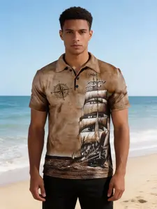 European and American Men's Printed Shirt, Casual Button-Up, Sailboat Vintage Shirt, Casual Fashion Shirt