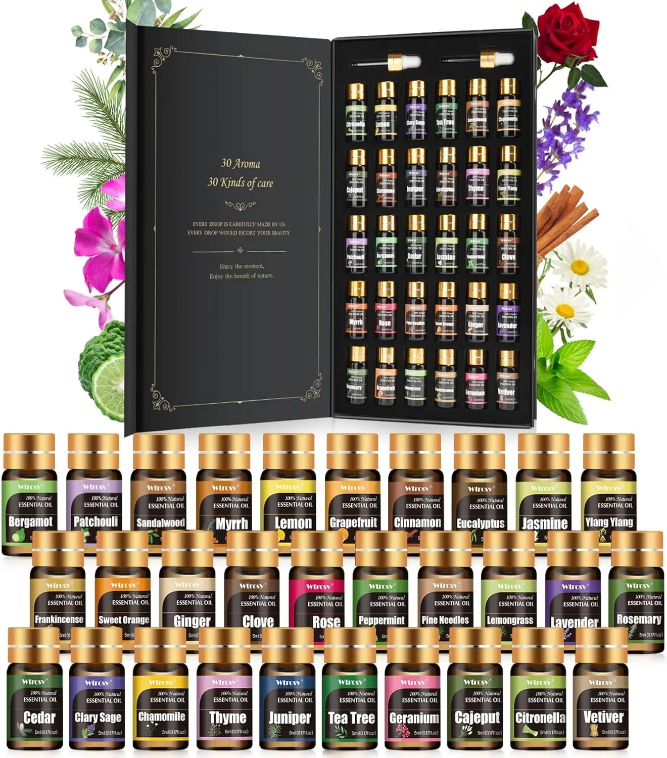 Wtrcsv Essential Oils Gifts Set - 30 Unique Scents - Perfect for Diffuser, Humidifier,Aromatherapy, Massage,Skin & Hair Care,30x5 ml