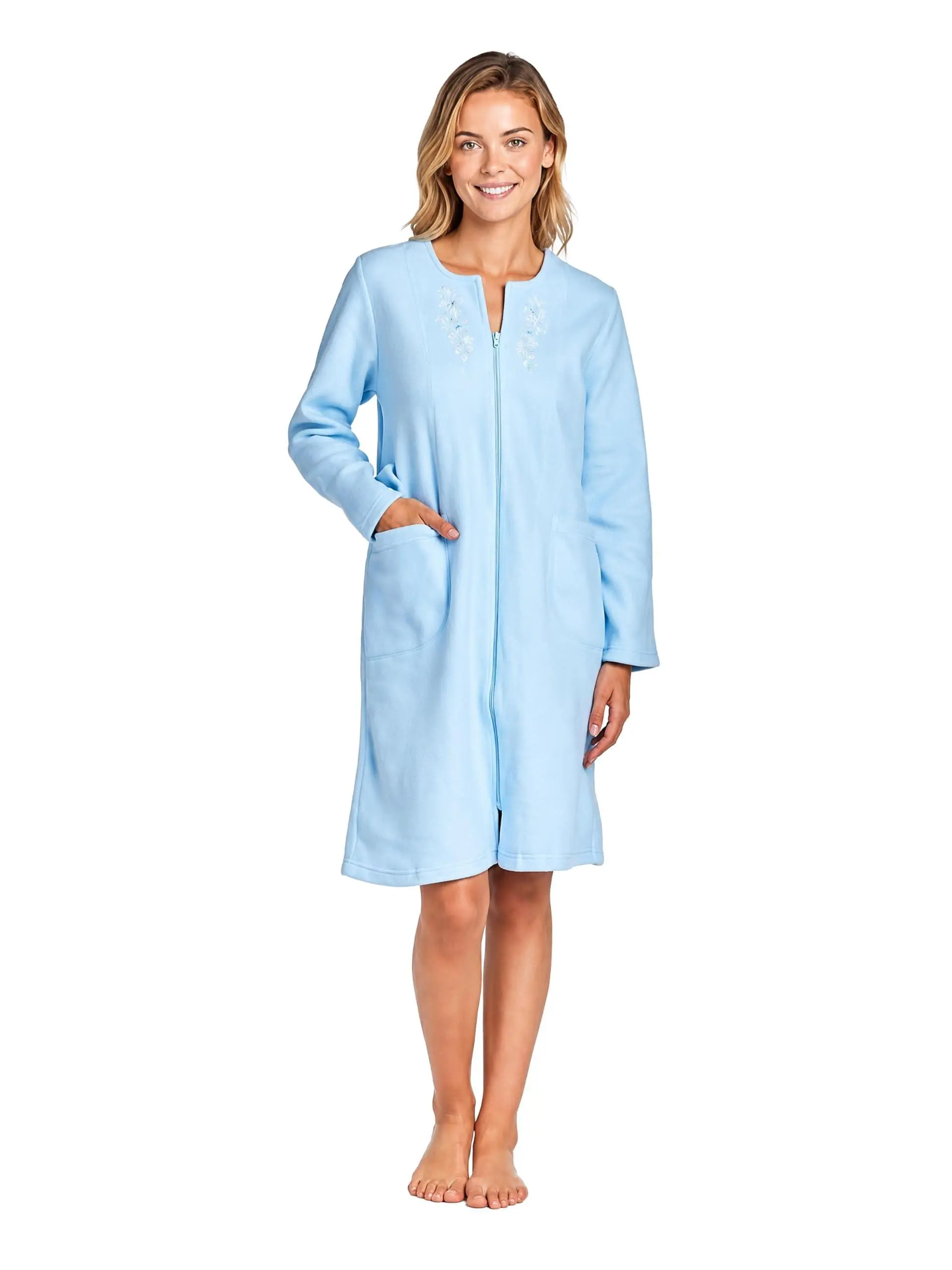 Casual Nights Women's Smooth Fleece Zipper Robe with Embroidered Flowers, Long Sleeve Loungewear Housecoat, Embroidery, Bathrooms, Gyms, All Seasons, Nightwear, Lightweight, Bathrobe, Basic, Plain