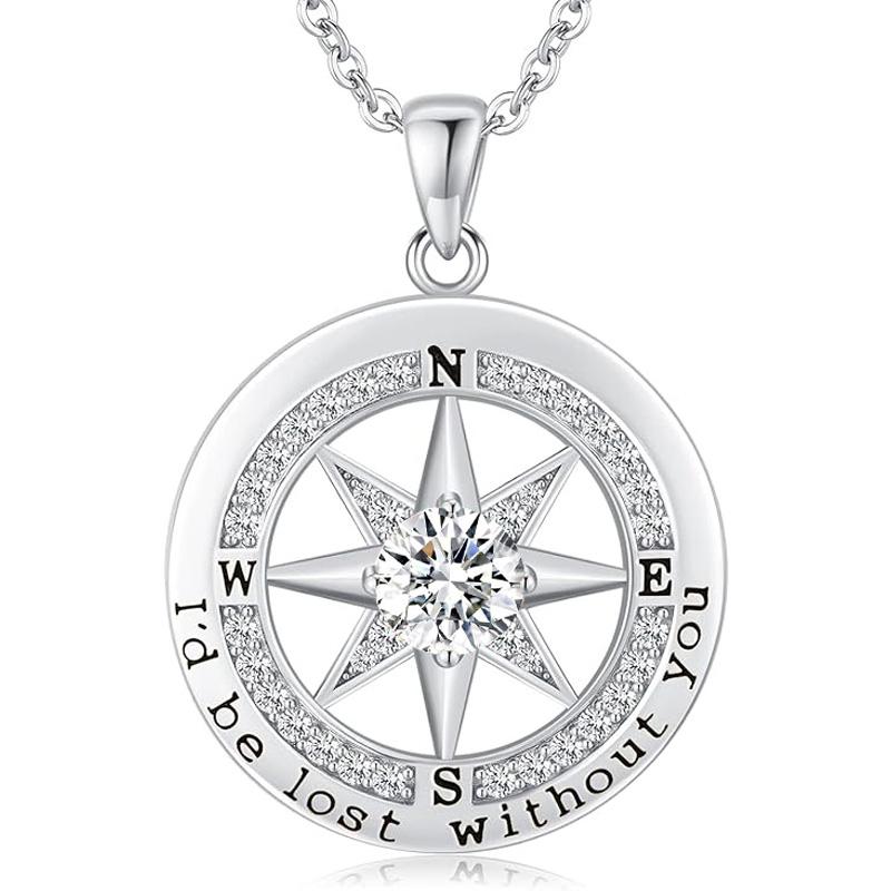 Personalized 12 Birthstone Compass Necklace | 925 Sterling Silver with Gold/Rose Gold/White Gold Plating + Zircon, Birth Month Jewelry for Women, Ideal Birthday Gift