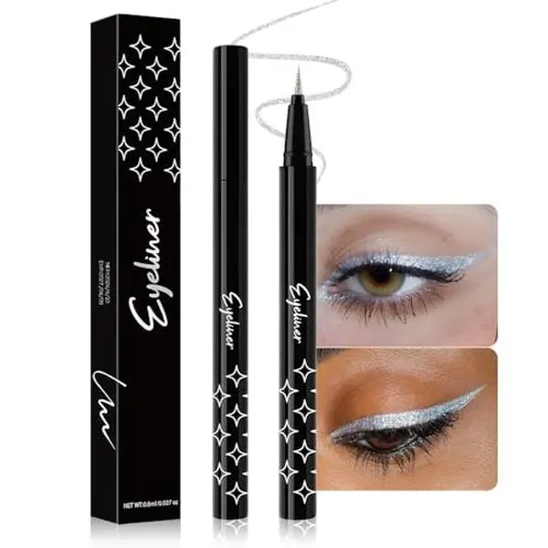 evpct 1Pcs Silver Glitter Sparkling Liquid Eyeliner, Metallic Shimmer Light Silver Eyeliner Liquid Eye Liner Eyeshadow Pencil Face Body Glitter Makeup, Longwear Waterproof, Fake Eyelashes Mascara
