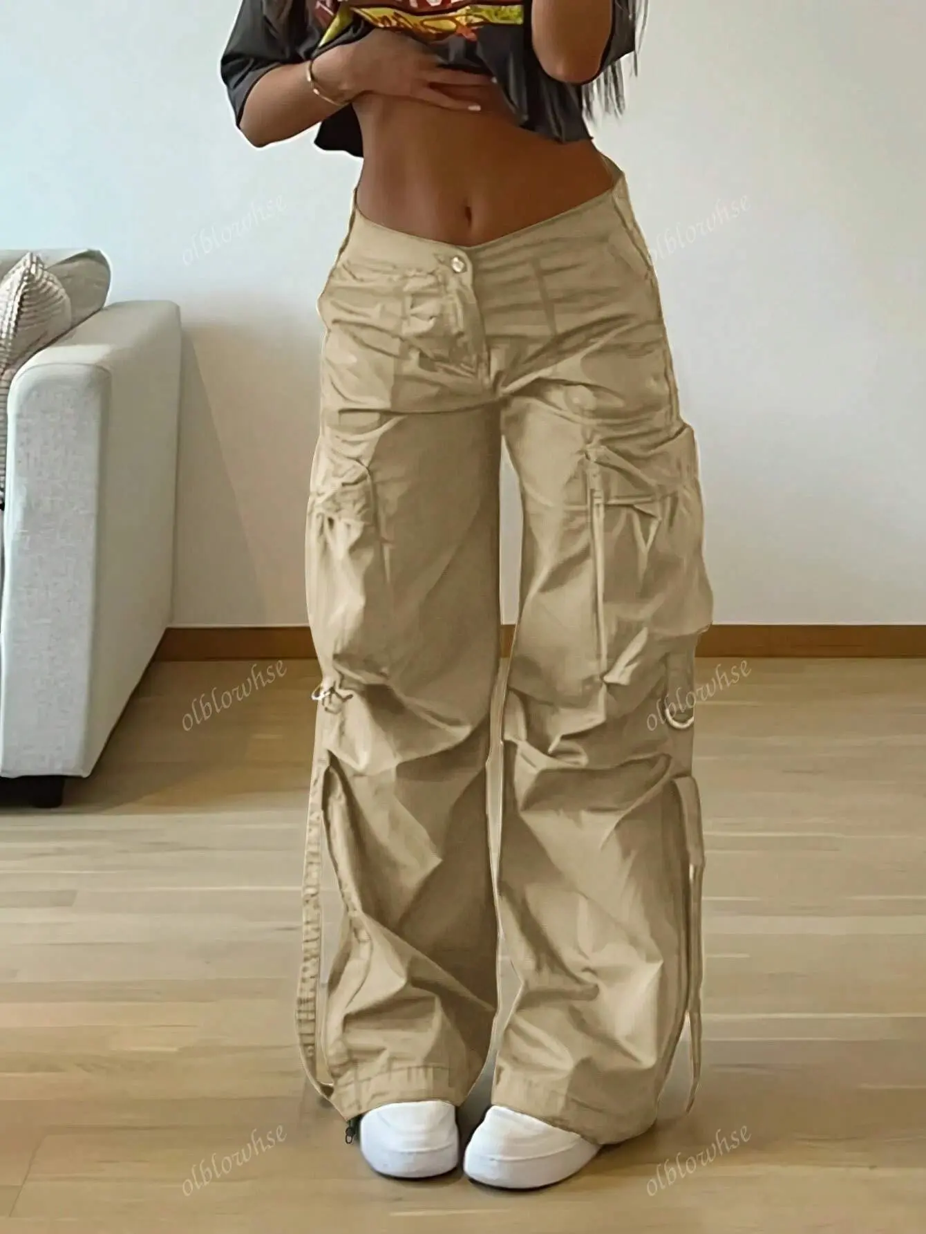 Street Flap Pocket Tape Detail Loose Casual Wear Wide Leg Parachute Cargo Pants