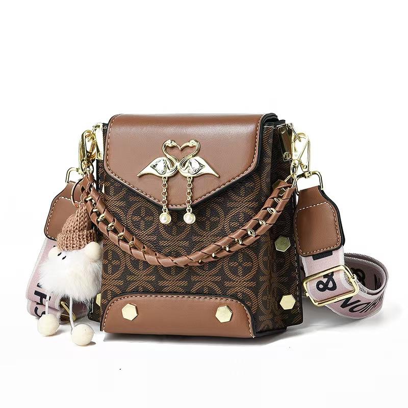 M61-Swan Rhinestone Crossbody Bag For Women Monogram Print Mini Handbag With Plush Charm Wide Strap Shoulder Bag M61-Swan Rhinestone Crossbody Bag For Women Monogram Print Mini Handbag With Plush Charm Wide Strap Shoulder Bag