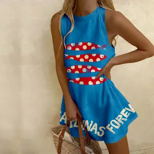 Casual Print Sleeveless Dress, Sea World Printed Sleeveless Dress, Mediterranean Resort Style Prints, Summer beach vacation style, Women's casual dress, Comfy women's clothing, Marine creature patterns, Youthful vitality style