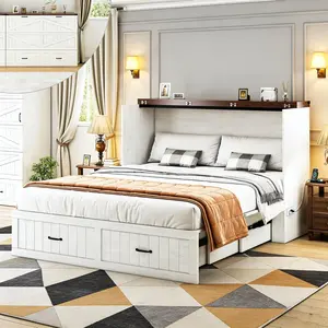 Queen/Full Size Murphy Bed with Storage Drawers & Charging Station, Space Saving Foldable Murphy Cabinet Bed for Guest Room Studio Apartment