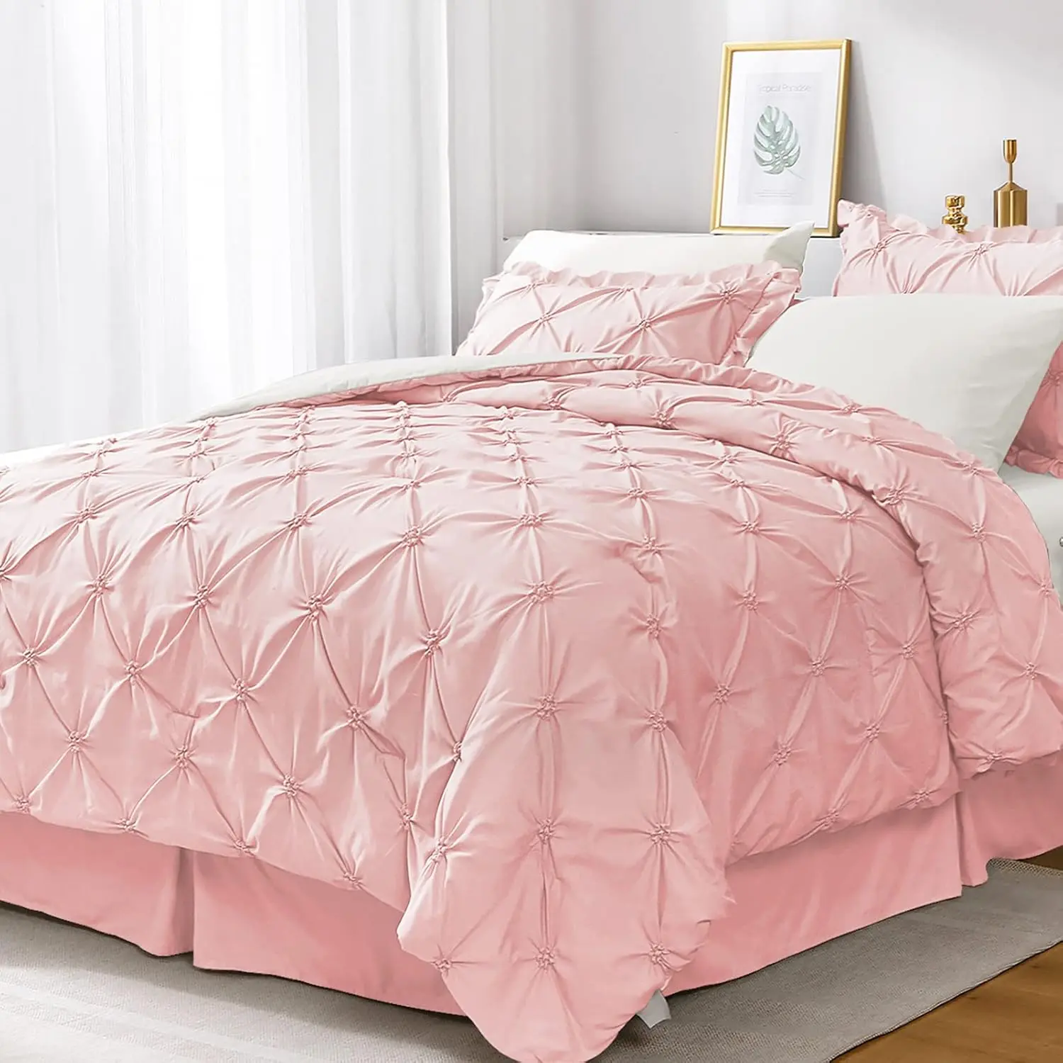 7-Piece Soft Durable Argyle All-Seasons King Size Bed Comforter Set, Pink-Ivory Bedding Set with Ruffled Look Shams and Pillowcases for Bedroom