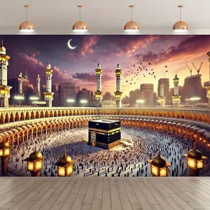 1pc Islamic Backdrop Mosque Scene Prayerful Pilgrims Evening Sky Architecture Design for Indoor Outdoor Party Decor Studio Prop Holiday Birthday Celebration