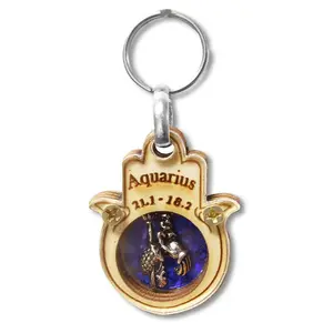 Wooden Good Luck Hamsa Hand Key Chain Keychain Zodiac Sign - Aquarius - Made in Israel