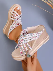 Women's Fashionable Floral Pattern Crossed Strap Wedge Sandals, Boho Style Slip on Sandals for Beach Vacation, Casual Comfortable Platform Sandals for Daily Wear, Girl
