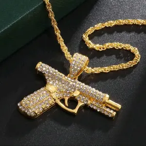 14k Gold Plated Iced Out Gun Pendant 20" Necklace with Cubic Zirconia for Men Fashion Jewelry