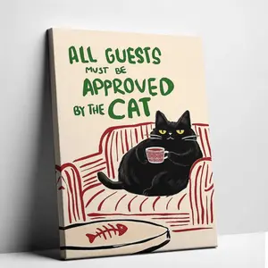Quirky Black Cat Canvas Print | "All Guests Must Be Approved" Frameless Poster | Fun Room Decor Gift for Cat Owners