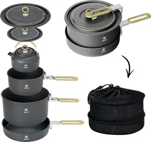 Alocs Camping Cookware Set - Lightweight Camping Pots and Pans - Portable Outdoor Cookware with Kettle - Camping Cookware Mess Kit for 2