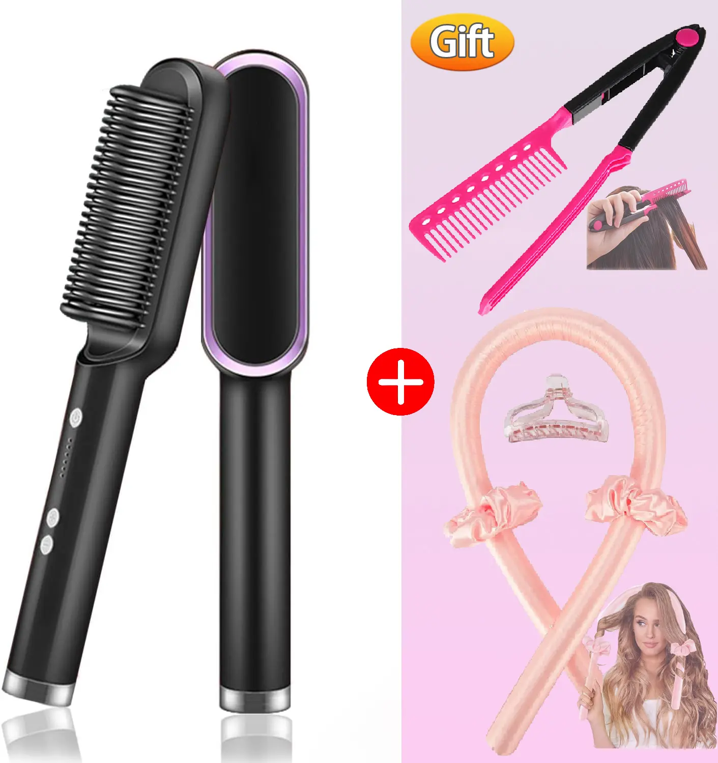 Four in One Professional Ion Straight Hair Comb Fast Heating Ceramic Comb with Automatic Locking & Closing Anti Scald Design Quick Styling Hot Comb 110V/220V Gift Included