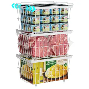Deep Freezer Organizer Bins, 3 Pack Expandable Freezer Baskets for 5 to 7 Cu.ft Chest Freezers, Stackable Metal Wire Storage Bins with Handles Easy Access Food, Scratch Resistant, White