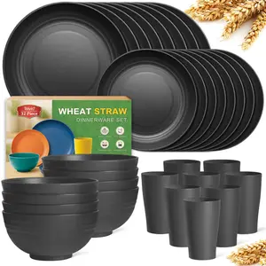 32-Piece Kitchen Plastic Wheat Straw Dinnerware Set, Service for 8, Unbreakable Modern Dish Set - Dinner Plate/Dessert Plate/Cereal Bowl/Cup, for Apartment Essentials, Outdoor Camping,Black