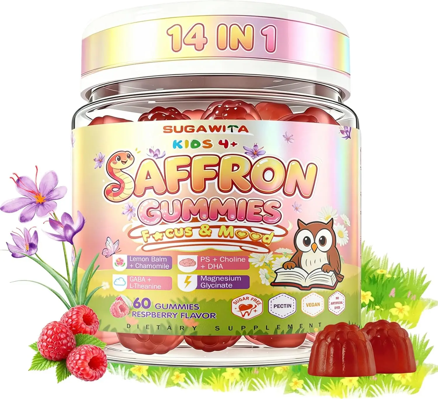 SUGAWITA Saffron Gummies for Childrens Teen, Organic Saffron + Magnesium Glycinate Supplement with Phosphatidylserine, L-Theanine, Chamomile, B6, B12, Sugar Free, 60 Count for Ages 4+
