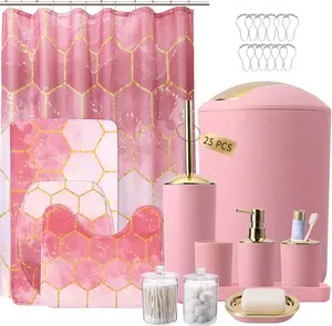 25 Pieces Set Pink and Gold Accessories Set, Shower and Rugs,, Brush, Soap Dispenser, Soap Dish, Toothbrush Holder,, Tray, Qtip Holder for Home