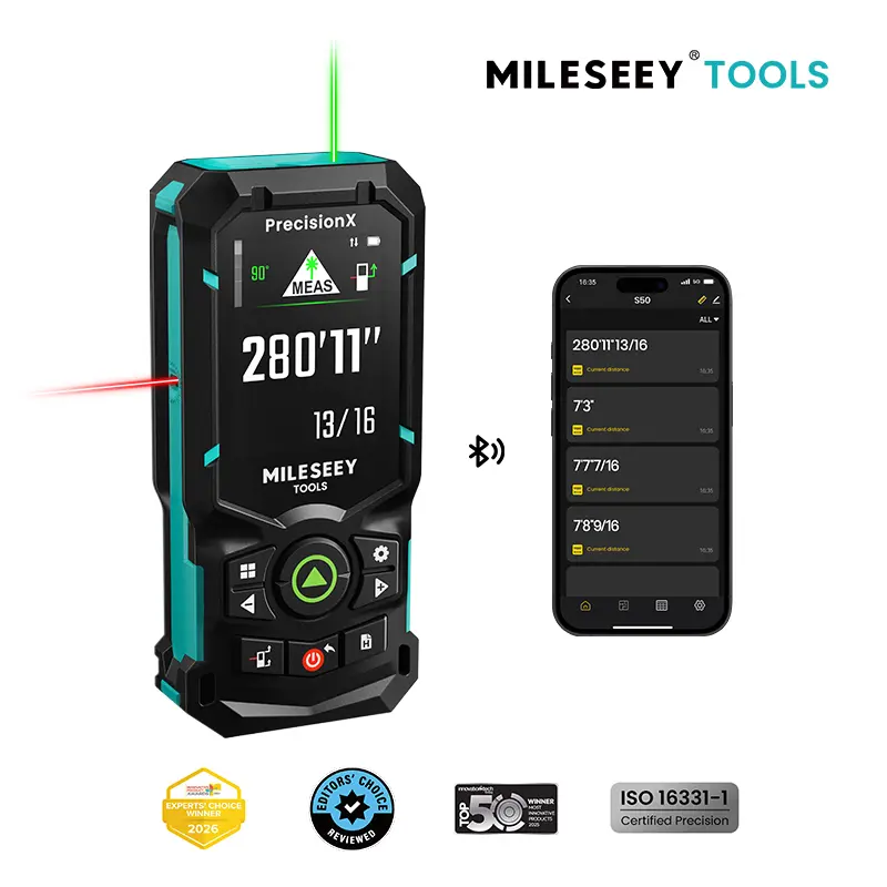 MILESEEY S50 Green-Beam Laser Distance Measure, 400ft Range, Rechargeable Battery, P2P, Side-Aligned Laser Alignment, 2.4" IPS Backlit Display, Area & Volume Measurement, 8 Units, Indoor & Outdoor Use, Bluetooth App, Tools and Gadgets