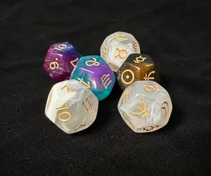Meteodice Galaxy-Themed D12 Astrology Dice - 12-Sided Acrylic Dodecahedron with Zodiac Symbols & Planetary Colors for Divination