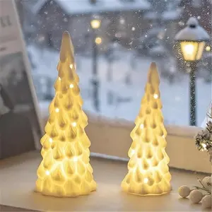 White Ceramic Christmas Tree LED Decor – Modern Light Up Tabletop Xmas Tree for Home, Bedroom, Living Room, Mantel, Holiday Neutral Christmas Decoration & Gift, home décor, table decoration, indoor, night light décor, gift for her