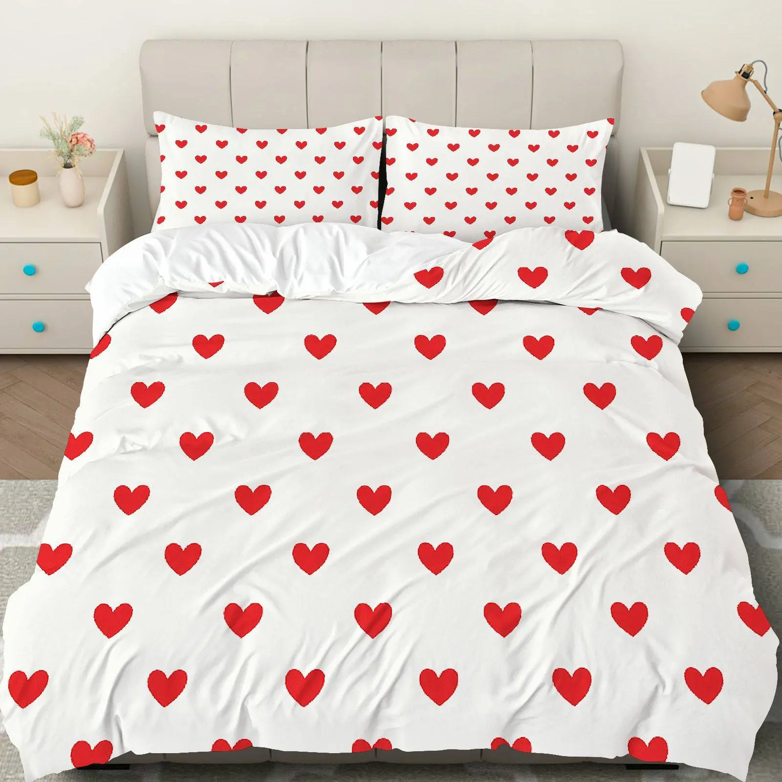 3PCS Duvet Cover Set, 1 Duvet+2 Pillowcases(Without filler), Red Heart Romantic Love Sweet Cozy theme, Valentine's bedding set, Soft Breathable Comfortable Suitable for decoration Bedroom Living Room Guest Room Apartment.