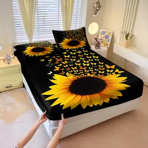 Black background sunflower print fitted sheet set,Includes 1 Fitted Sheet & 2 Pillowcases without Filler,Comfortable and soft, with strong color contrast,full of artistic flair,Suitable for all seasons, a great addition to home decor.
