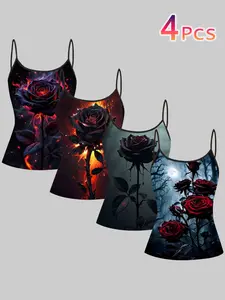 Dark Gothic Flame Rose Print Strappy Top, Summer Home Sleepwear Outerwear, Unique Slim Fit Shirt Set of Four Pieces