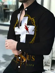Men's Long Sleeve Shirt Novelty Pattern Jesus Cross Crown of Thorns Print