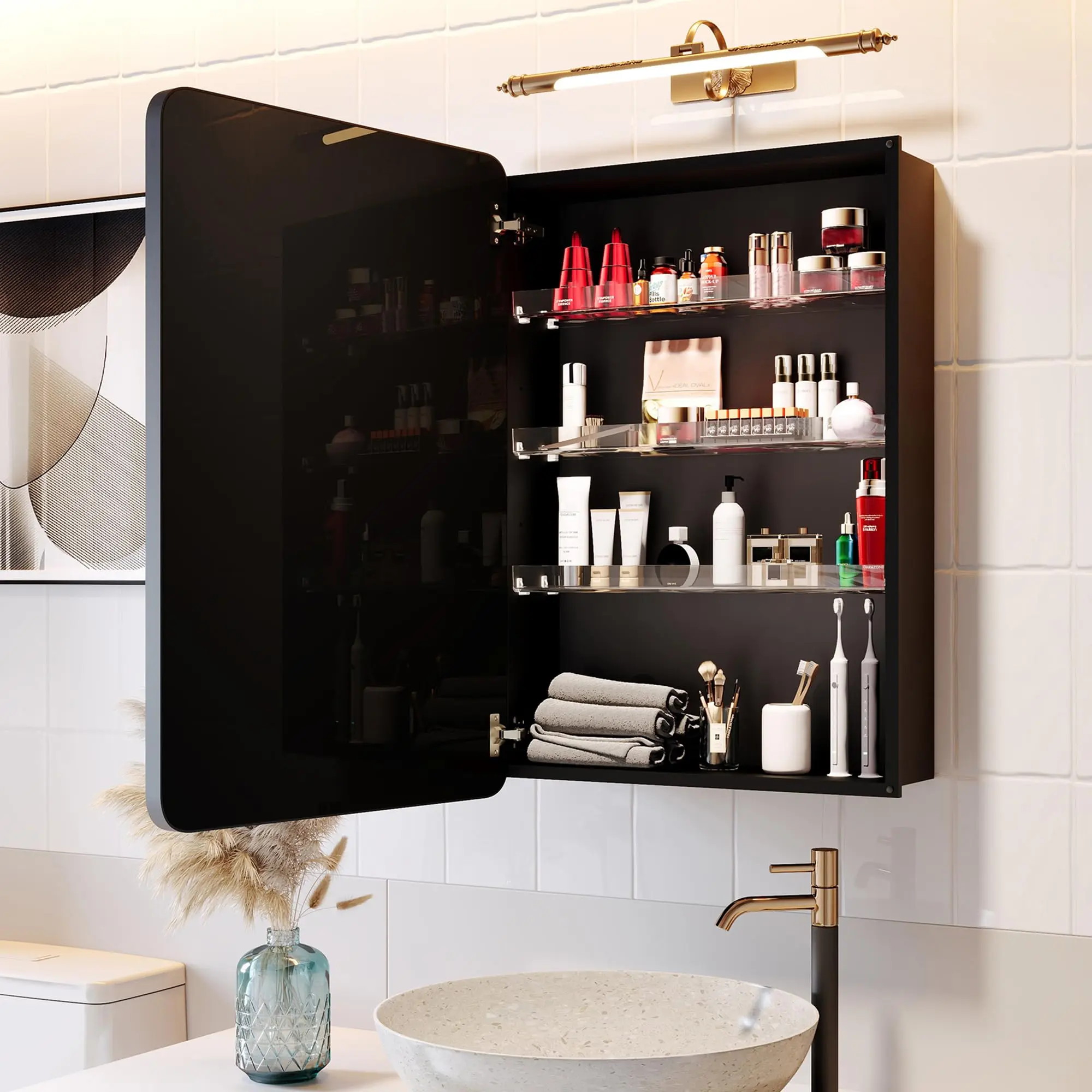 Recessed Medicine Cabinets for Bathroom with Mirror: 20 x 30 inch Large Surface Wall Mount Mirrored Vanity Chest with Storage - Matte Black Modern Frame door mirror wall cabinet wine  cabinet