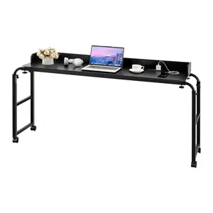 VEVOR Overbed Table, Mobile Bed Side Table with 4 Wheels (2 with Brakes) and Power Socket, Height Adjustable Rolling Laptop Desk, Portable Particleboard Over Bed Desk for Home, Office, Study, Black