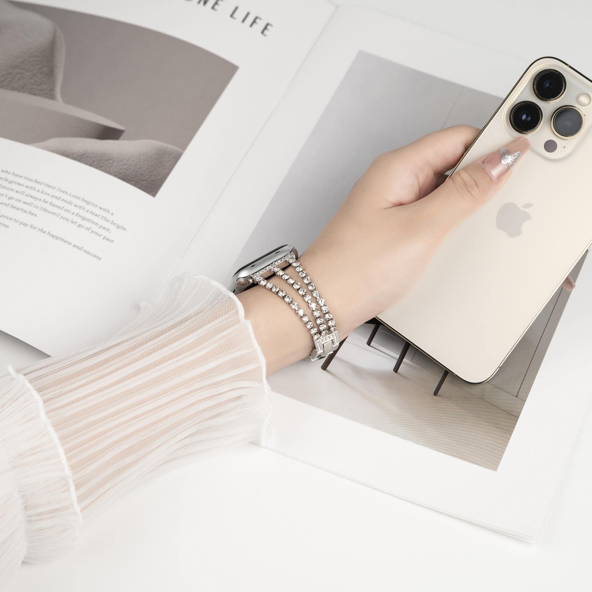 Diamond 3-Row Metal Apple Watch Band, Compatible with Series 5/6/7/8/9 & SE, Elegant Sparkling Bracelet Strap for Everyday & Spring Wear