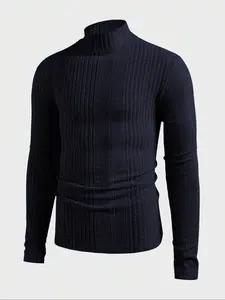 Men's High Neck Pullover Sweater, Solid Color Crew Neck Striped Long Sleeve T-Shirt, Casual & Formal Fit, Perfect for Daily Wear, Lightweight Knit Sweater
