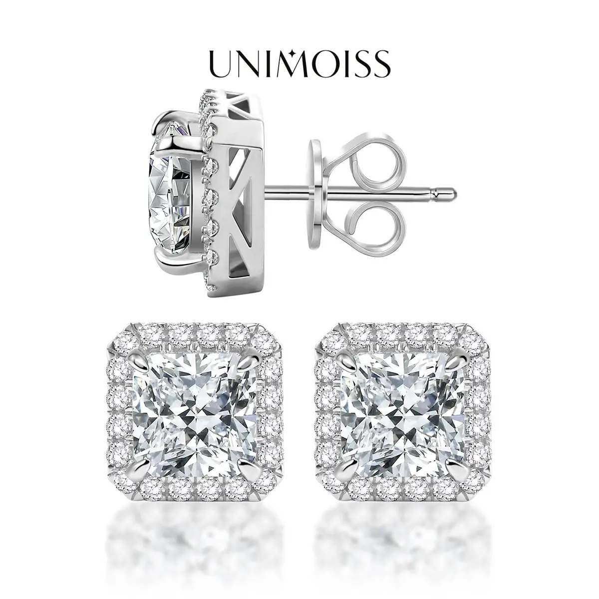 UniMoiss Radiant Cut VVS Moissanite Stud Earrings, Gold Decorative Stud Earrings, Women's Daily Costume Jewelry Accessories, Ideal 1-2 Occasion Gifts (Birthday, Anniversary), Moissanite Studs Earrings