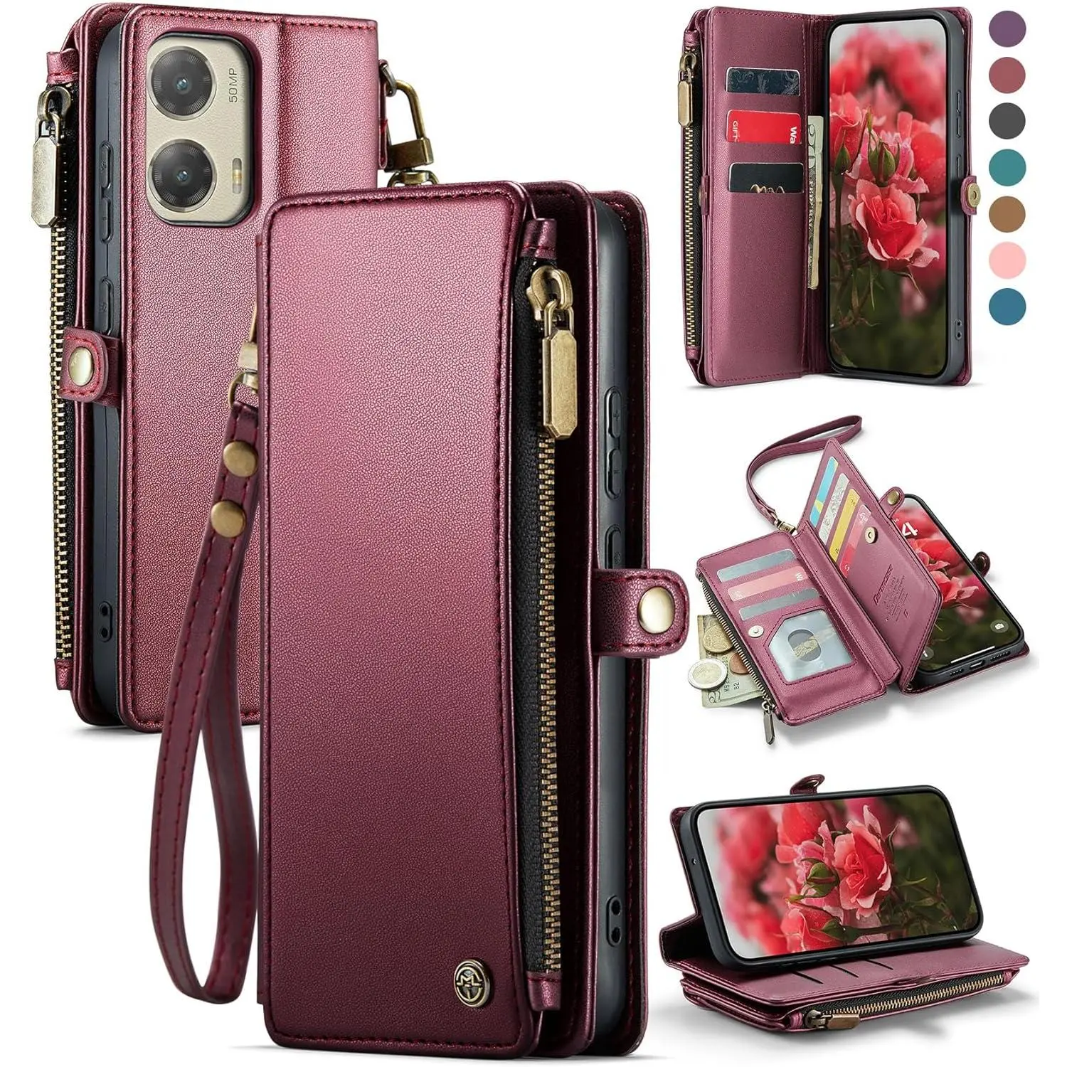 Phone Case Compatible with  G Stylus 5G 2024 Compatible for Motorola  G Stylus 5G 2024,  Red | RFID Blocking, Wallet Case, PU Leather, Flip, Strap, Zipper, Card Holder, for Women