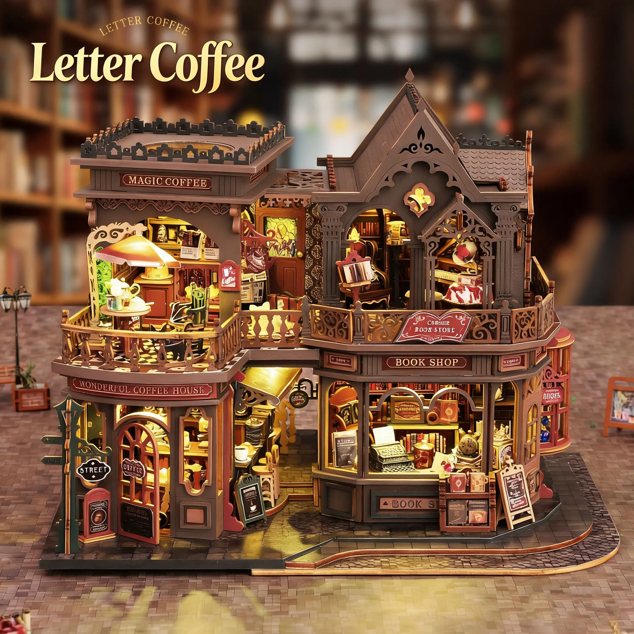 DIY Bookshelf Kit Assembly Model in Magical Theme, Vintage Carved Decoration, 3D Wooden Educational Dollhouse Play House, Wooden House Kit Adults, Birthday & Holiday Gift, Miniature Set