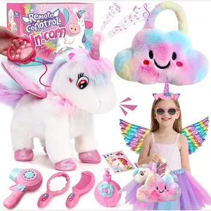 P-AD025   Walking Talking Remote Control Unicorn Toy for Girl Age 4-6, Electronic Interactive Plush Unicorn with Leash & Costume, Pretend Play Pet Care Toy Birthday Gift for Toddler Kid Girl Age 3 4 5 6 7